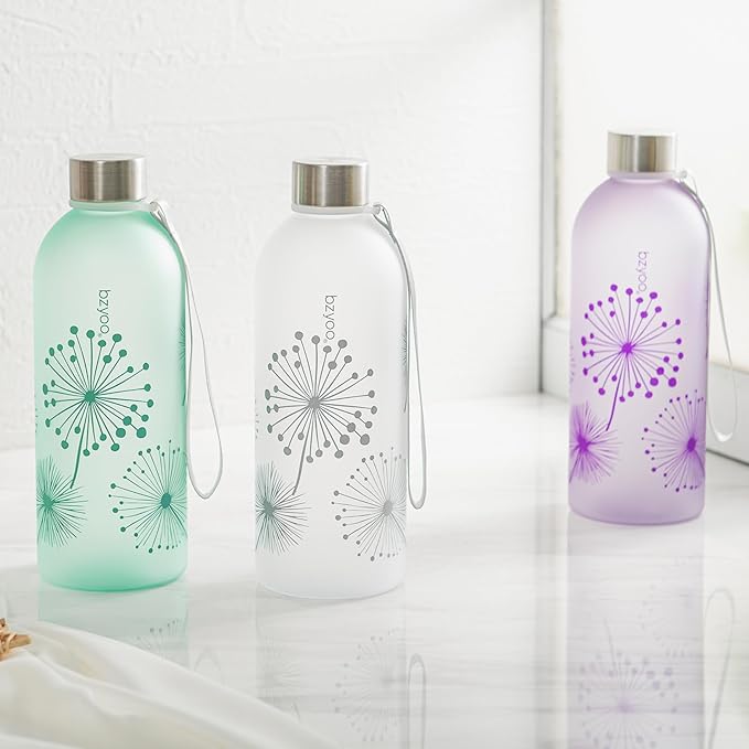 bzyoo 32oz 1 Liter Clear Water Bottle with Time Marker, Dandelion Design, Durable Plastic, BPA-Free, Reusable with Measurement Markings for Fitness and Outdoor Activities (Color: Green)