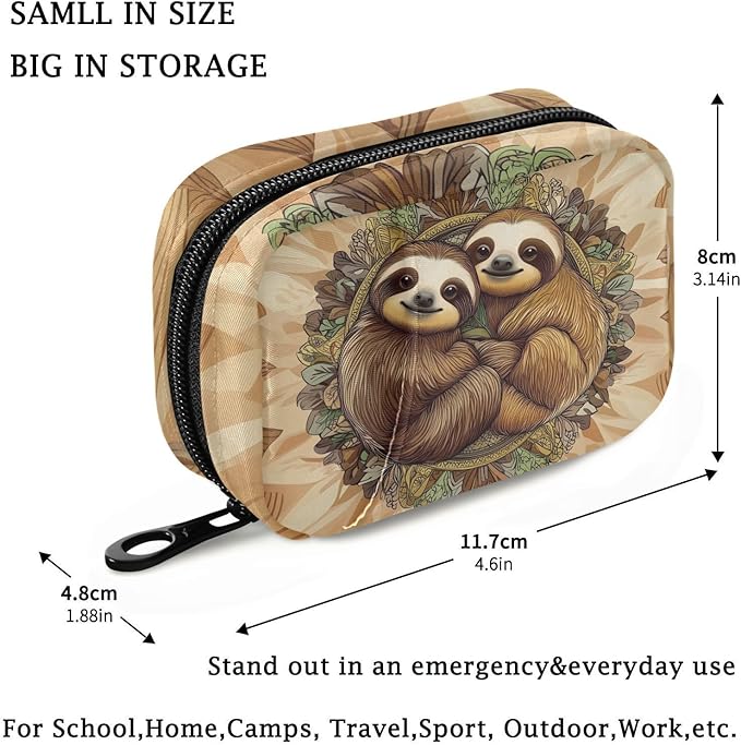 Fustylead Cute Sloths on The Round Background of Mandala Pill Organizers 2 Times A Day Pill Case Bag with Zipper Portable Weekly Pill Dispensers for Vitamin Supplement