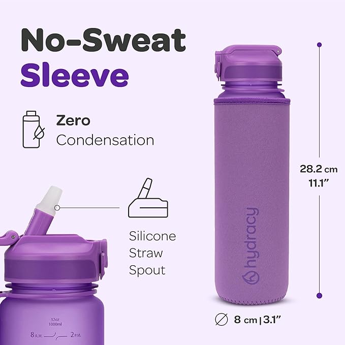 Hydracy Water Bottle with Time Marker -Large BPA Free Water Bottle & No Sweat Sleeve -Leak Proof Gym Bottle with Fruit Infuser Strainer & Times to Drink -Ideal for Fitness Sports & Outdoors