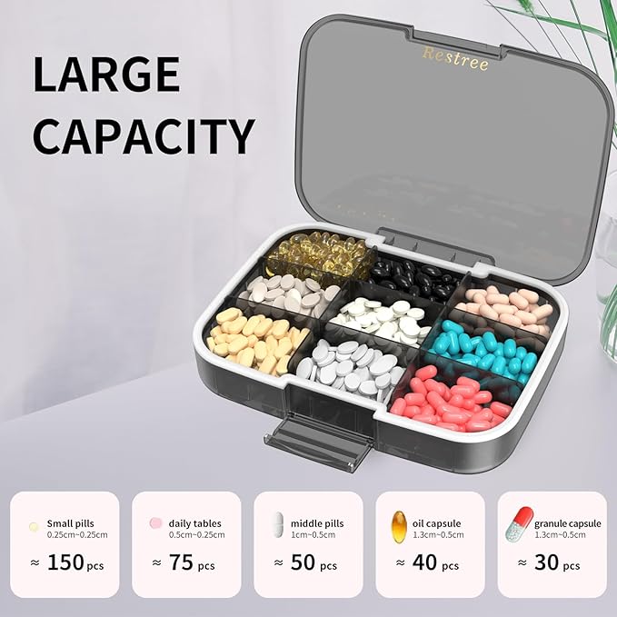 Restree Pill Organizer, Large & Waterproof Travel Pill Case, Adjustable Dividers for Daily Vitamins, Supplements, Fish Oil - Portable Medicine Box for Home & On-The-Go, 9 Compartment (Black)