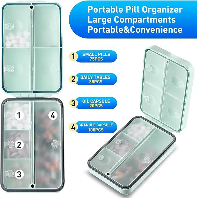 Travel Pill Organizer,Travel Pill Case Portable Pill Box for Travel Cute Pill Container Medicine Pill Organizer for Vitamin,Fish Oils,Supplements