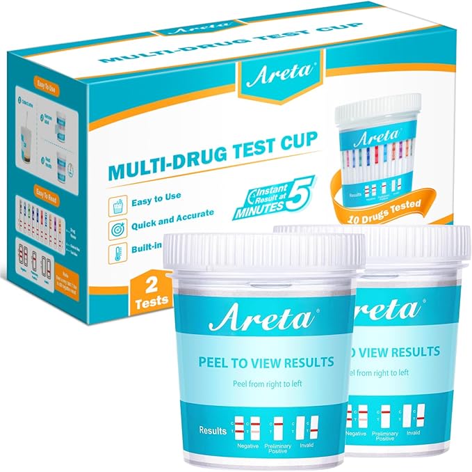Areta Multi-Drug Test Cup: 2 Pack at Home Urine Drug Tests Kits, Testing for AMP/BZO/COC/THC/MET/MOR/BAR/MDMA/PCP/MTD, Built-in Drug Test Strips Including Sensitive Marijuana Drug Test, #ACDOA2-3104