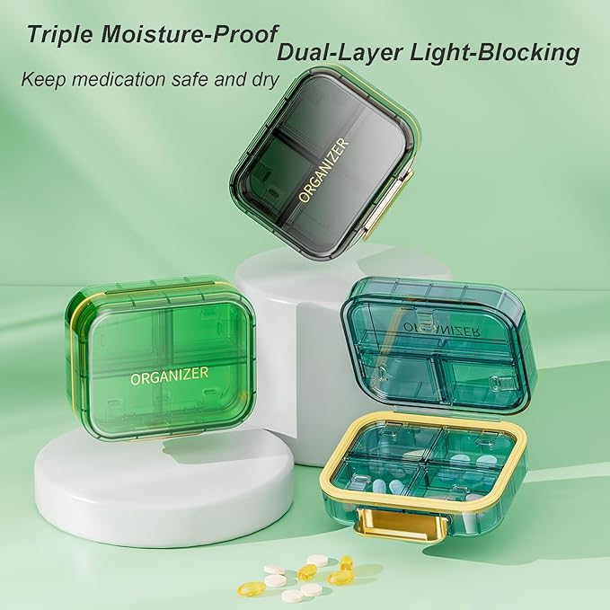 Portable Travel Pill Organizer with 7 Compartments - Perfect Weekly Pill Case Waterproof Pill Box for Daily Vitamins and Medicine, Small Pill Container for Pocket Purse (Black)
