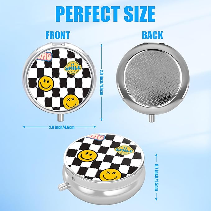 Funny Smile Face Pill Case, Pill Box 3 Compartments Metal Small Holder with Mirror Mini Travel Container for Purse Pocket Women Men