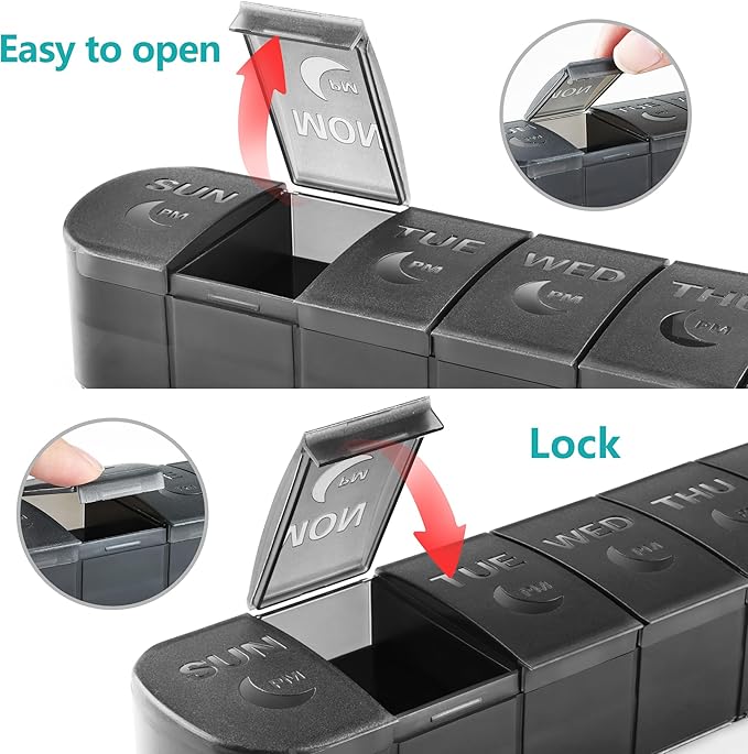 XL AM PM Pill Organizer 2 Times a Day, Fade Resistant Extra Large Weekly Pill Box 7 Day, Double-Sided 14 Compartments for Vitamins, Fish Oil, Supplements & Gummies (Black)