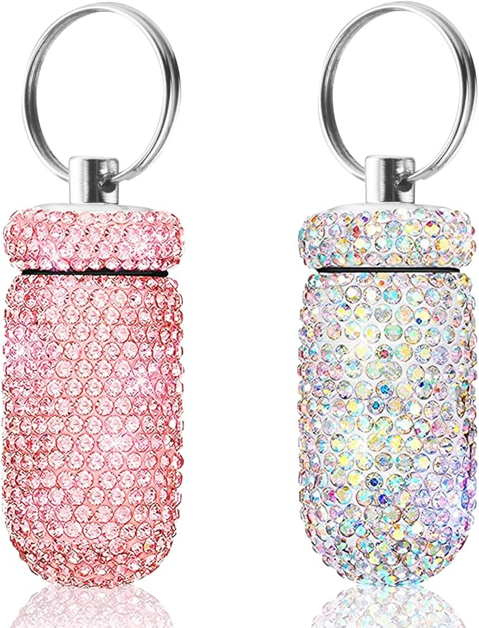 2 Pack Portable Pill Case Bling Rhinestone Pill Container Box Waterproof Medication Holder Organizer Bottle with Keychain for Outdoor Camping Travel Purse Pocket