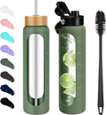32 oz Glass Water Bottles - 1 Liter Motivational Tumbler With Time Marker - Borosilicate Glass With Silicone Sleeve and 2 Lids, Handle Spout & Bamboo Straw Lid