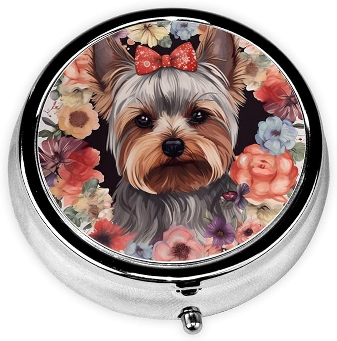 Pill Box 3 Compartment Medicine Pill Organizer Yorkie Floral Round Pill Case for Purse & Pocket Travel Pillbox Portable Metal Medicine Vitamin Fish Oil Organizer Unique Gift