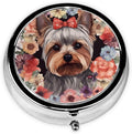 Pill Box 3 Compartment Medicine Pill Organizer Yorkie Floral Round Pill Case for Purse & Pocket Travel Pillbox Portable Metal Medicine Vitamin Fish Oil Organizer Unique Gift