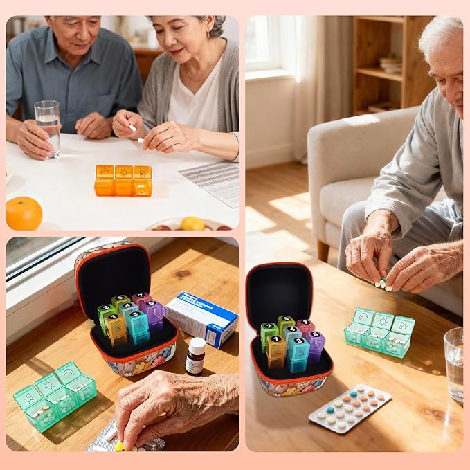 Weekly Pill Organizer, 7-Day Medicine Box with Hard Shell Case, 3 Times Daily Dosage Schedule, Plastic Rectangular Design, Includes Pill Cutter and Weekly Stickers(Flowers)