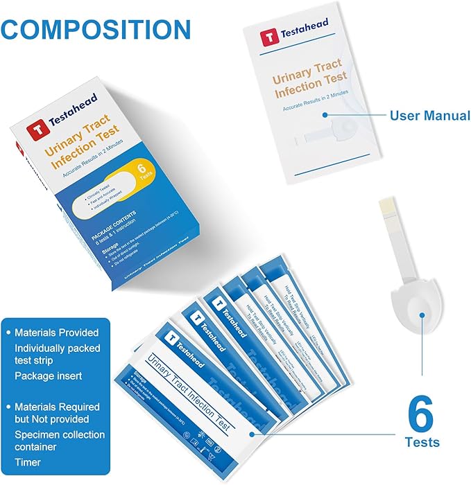 UTI Test Strips for Home Use Detects White Blood Cells and nitrites in Urine 2-Minute Rapid Results Suitable for Women, Men, and Children Urinary Tract Infection Test Strips (6 Pack)