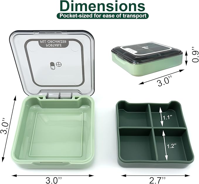 Quacc Small Pill Box, Portable Travel Case Daily Pill Organizer with 4 Large Compartmensts for Medication, Vitamin, Supplement - Green