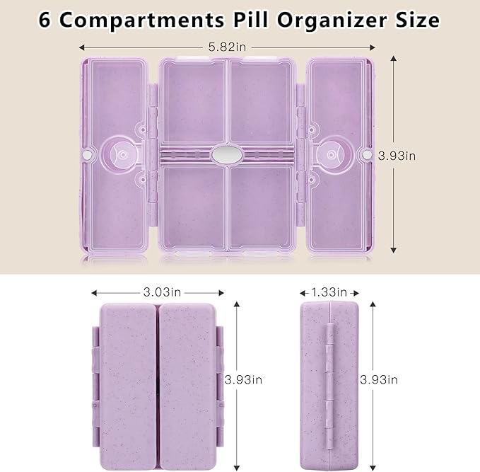 FYY Travel Pill Organizer with Blank Lables,6 Compartments Magnetic Pill Organizer Pill Box for Purse Pocket to Hold Vitamins,Cod Liver Oil,Supplements and Medication-Purple