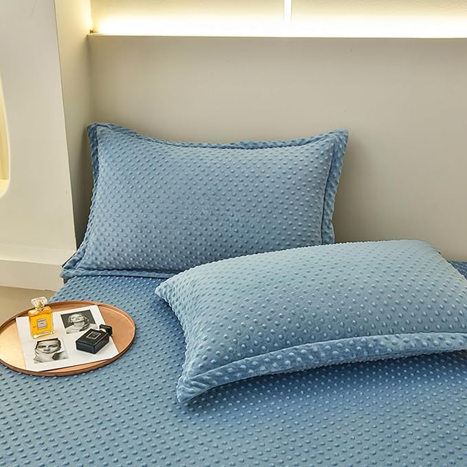 ZIQINPSQ Coral Velvet Fitted Sheet-Thickened Cold-Resistant and Warm Bed Sheets-Soft Velvet Fleece Fitted Sheets with-Elastic All Around. (LightBLue, Queen)