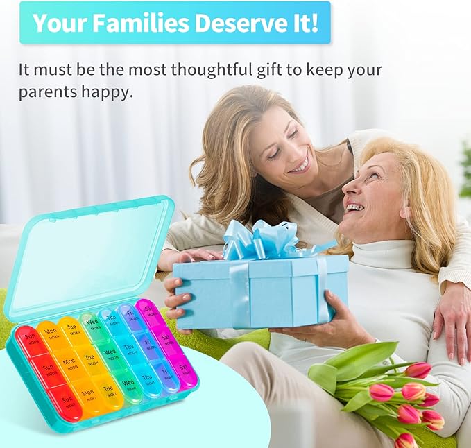 ASprink Cyan+Blue Pill Organizer 3 Times a Day - Weekly Pill Organizer 3 Times a Day - Large Pill Box 7 Day Medicine Organizer Pill Case, Travel Pill Organizer, to Hold Vitamins, Medicine