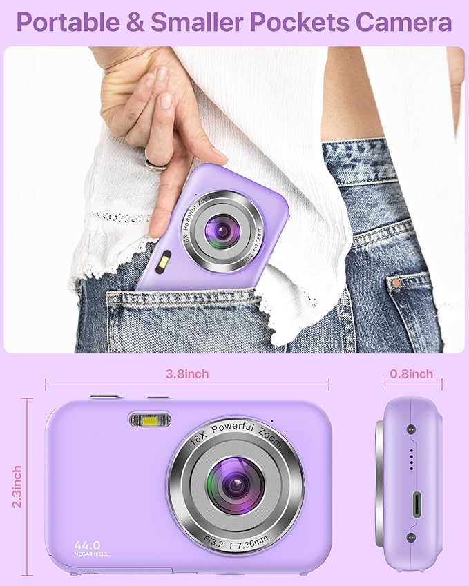 Digital Camera for Kids, FHD 1080P 44MP Vlogging Camera (Purple Color Cameras Without Card), 16X Zoom Point and Shoot Kids Digital Camera Compact Portable Rechargeable Cameras for Kids -Purple