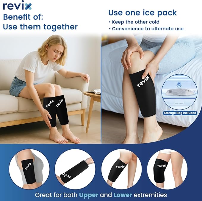 REVIX Calf Compression Sleeve for Shin Splint Relief, Ice Pack for Knee, Arm & Elbow Discomfort, Soft Ice Packs Reusable for Post-Workout Recovery, Hot and Cold Pack with 360° Full Coverage, 2 Packs