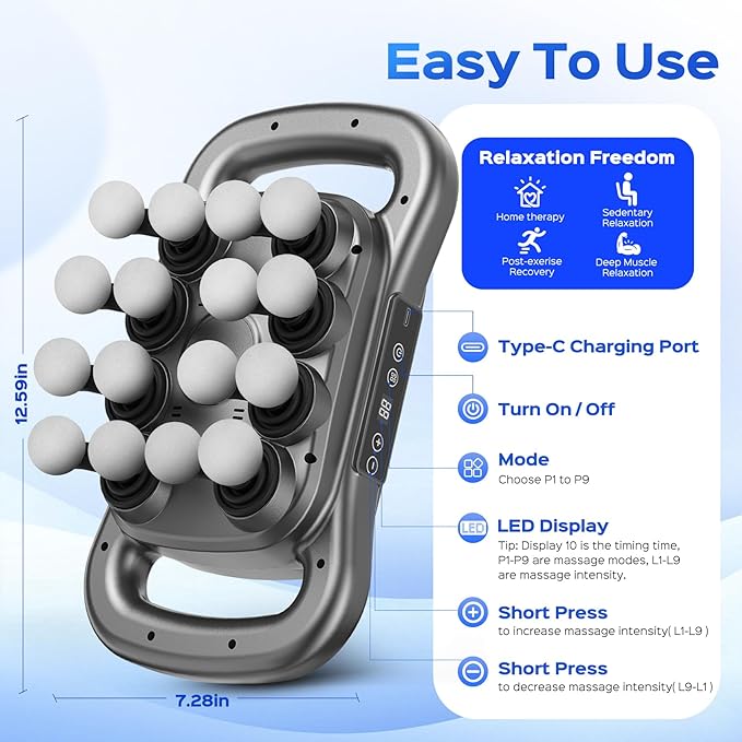 16- Head Massage Gun Set, Deep Tissue Percussion Massager, 2600mAh Quiet Electric Massage Tools with 9 Styles & Levels for Back, Shoulders, Legs, Foot, Body Muscle Pain Relief, Color Gunmetal