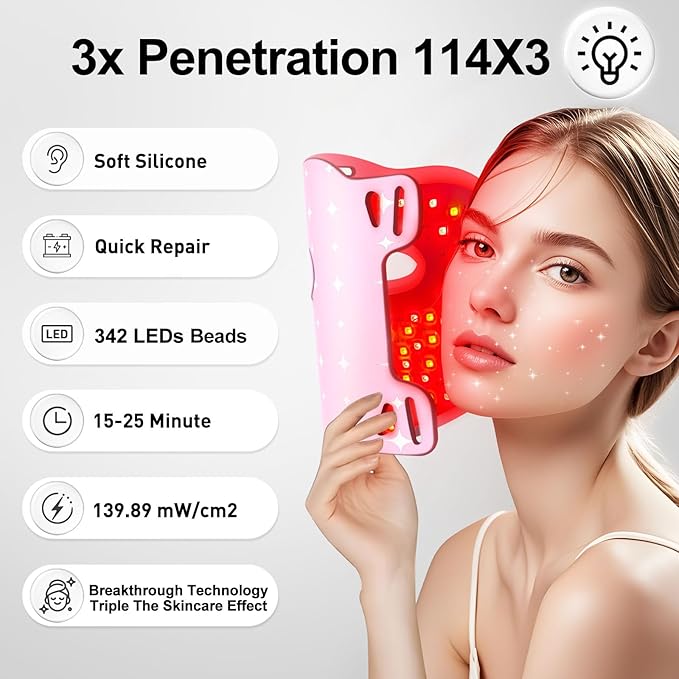 Red Light for Face,Heated LED Face Mask Light,25°C-32°C Heated Infrared Red Face Mask Light,Anti-Aging Infrared Mask