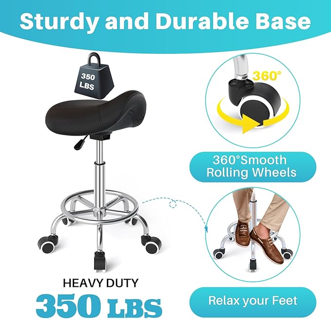 YEEZEE Saddle Stool Ergonomic- Comfortable Rolling Saddle Stool with Wide Thick Saddle Seat Padding, Swivel Adjustable Saddle Chair with Wheels and Ring Pedal for Medical Massage Salon (Dark Black)