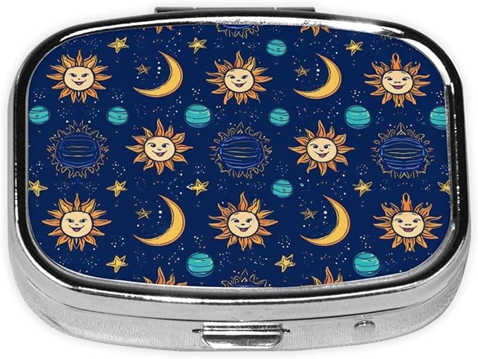 2-Compartment Medicine Pill Case, Vintage Astrology Star Sun Moon Portable Pill Box for Pockets Purse Tote Bag, Pill Box Decorative Vitamin Organizer Unique Gift