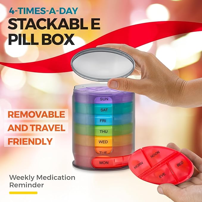 MEDca Weekly Pill Organizer, 1 Dispenser, 7 Stackable Multi-Color Compartments Four Times-a-Day - Morning, Noon, Evening, and Bedtime, Black, Case of 40