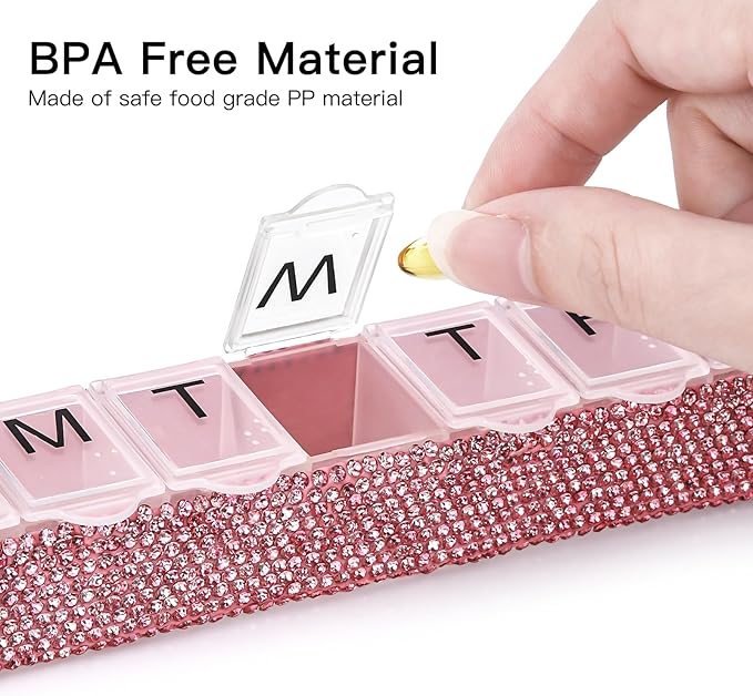 Soleebee Portable Weekly 7 Day Pill Organizer, Bling Crystal Pill Box Case, Travel Pill Planner, Pill Dispenser, Medicine Vitamin Container Organizer (Pink)
