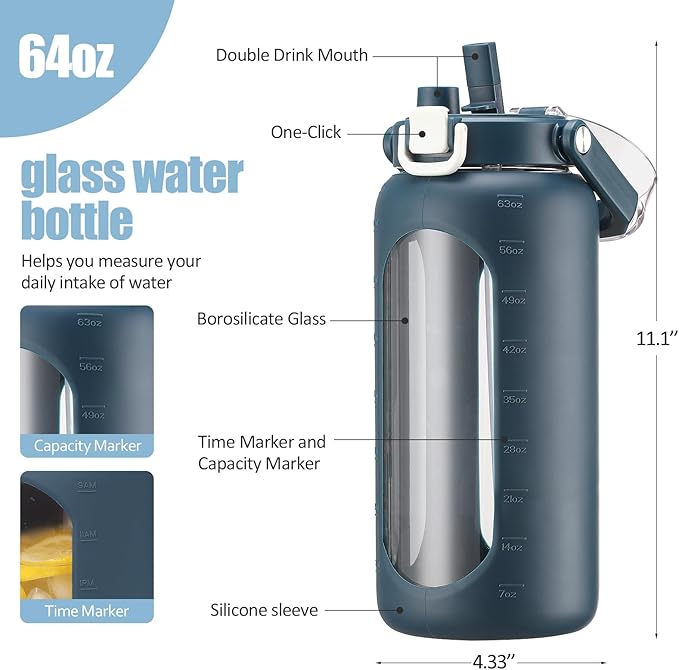 BLUEGO 64oz Glass Water Bottle with Handle and Straw, Motivational Sports Water Bottle with Time Marker and Silicone Sleeve Leakproof Drinking Bottle for Travel Gym Workout, Dark Blue
