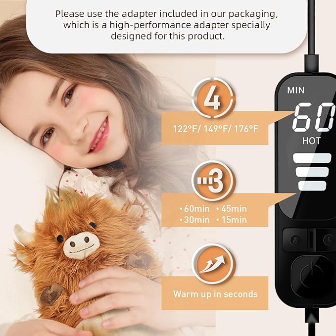 Electric Heating Pad for Menstrual Pain Relief - USB Powered Portable Electric Heat Pads,Cuddly Highland Cow Stuffed Animal, 12x9 Soft Plush for Neck/Back/Shoulder,Gift for Women,One Pack