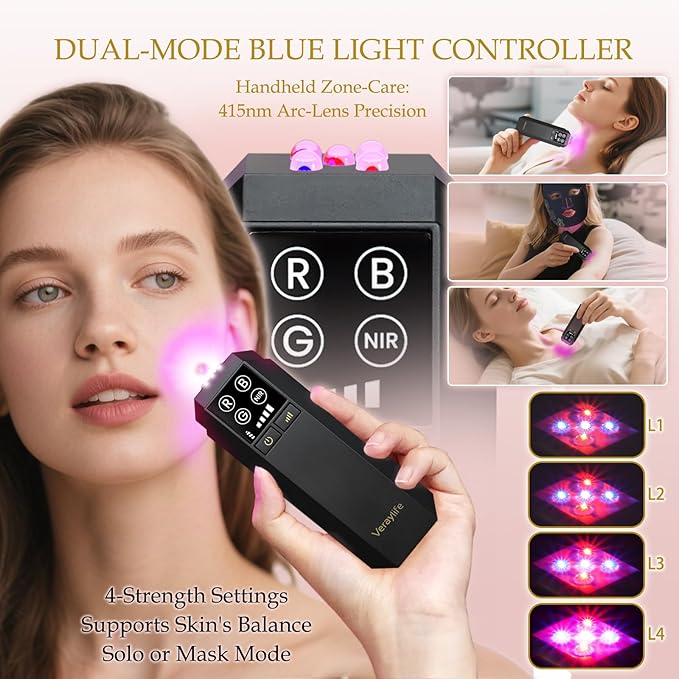 Red Light Therapy for Face, LED Facial Mask, Skin Care Light with Near Infrared 850nm & Adjustable Blue Light, Portable Home Device with 7 Colors & 8 Modes, 432 Beads Pro LEDs (Black-F)