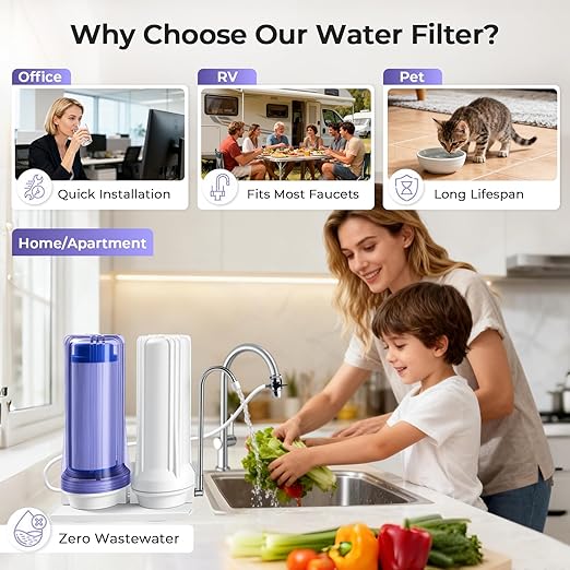 iSpring CKC2 2-Stage Countertop Water Filter, NSF/ANSI 58 Certified, Reduces PFAS, Chlorine, Sediment & Odor, 8000 Gallons, Up to 12 Months, Easy Installation, 2.5" x 10" - 2 Filters Included