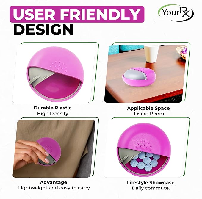 Round Travel Pill Organizer - Portable Small Pill Box for Purse - Compact, Leak-Proof Medicine Container for Pills, Vitamins, Fish Oil, Supplements - BPA-Free, Durable Design, 2.75" (Pink)