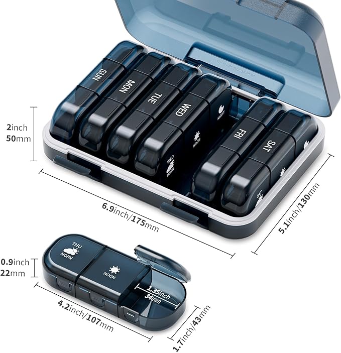 7 Day Weekly Pill Organizer - 3 Times a Day, Waterproof Travel Pill Box for Vitamins & Fish Oil