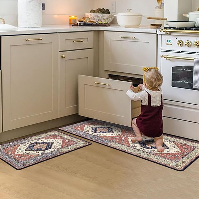 Pauwer Anti Fatigue Kitchen Mats for Floor 2 Piece Set, Cushioned Memory Foam Kitchen Rug, Non Slip Kitchen Runner Rug Carpet, Waterproof Kitchen Sink Area Rug Comfort Standing Mat for Kitchen Laundry