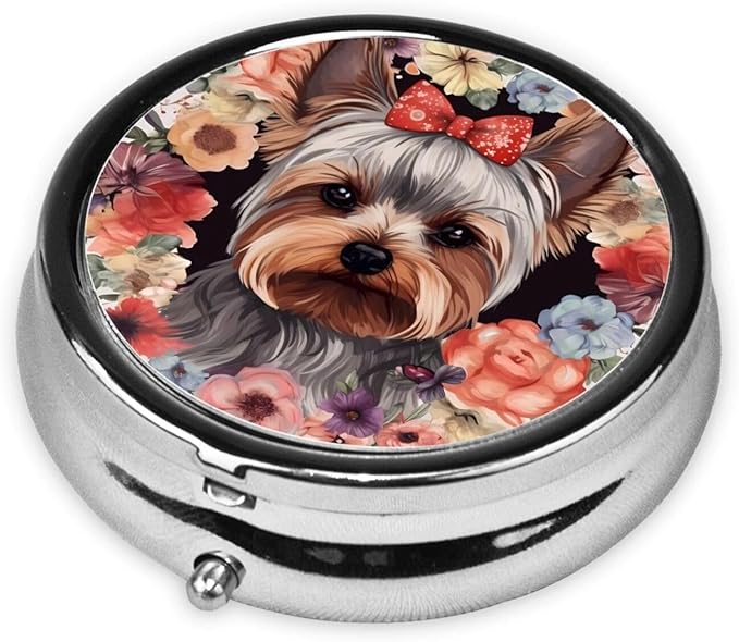 Pill Box 3 Compartment Medicine Pill Organizer Yorkie Floral Round Pill Case for Purse & Pocket Travel Pillbox Portable Metal Medicine Vitamin Fish Oil Organizer Unique Gift