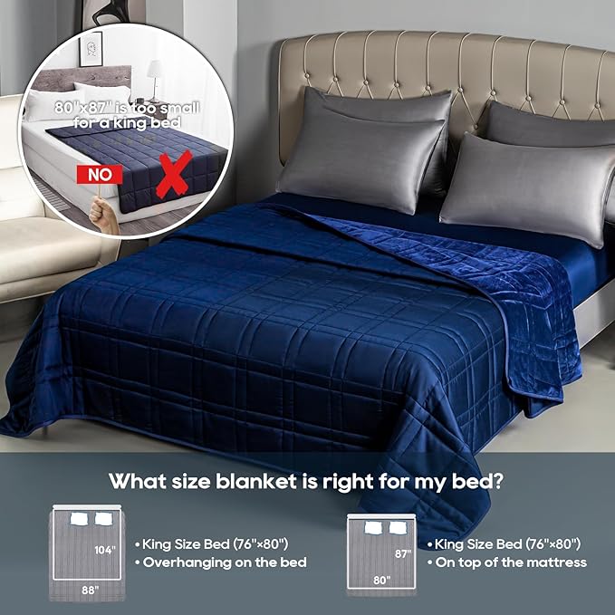 King Size Weighted Blanket 40lb(88''x104'' , Dual-Sided), Reversible Cozy Warm Velvet & Cooling Tencel Fabric King Weighted Blanket for Adults & Couples All Season Use - Carry Bag Included, Navy Blue
