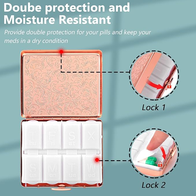 Pill Organizer 7 Days 8 Compartments, Travel Metal Pill Box, BPA-Free Portable Pill Box (Pink, Median)