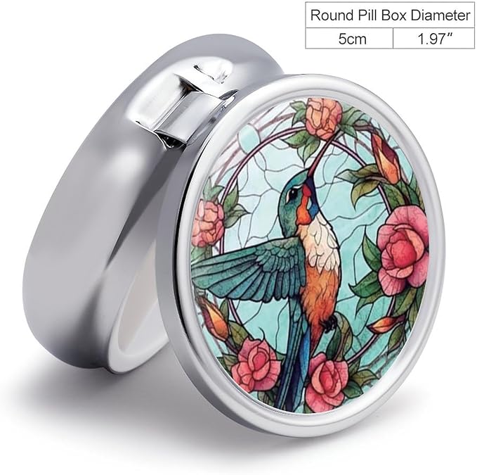 Transparent 3-Compartment Medicine Pill Case, Portable Round Pill Box for Pocket or Purse, Decorative Metal Medicine Vitamin Organizer. (Birds and Flowers)