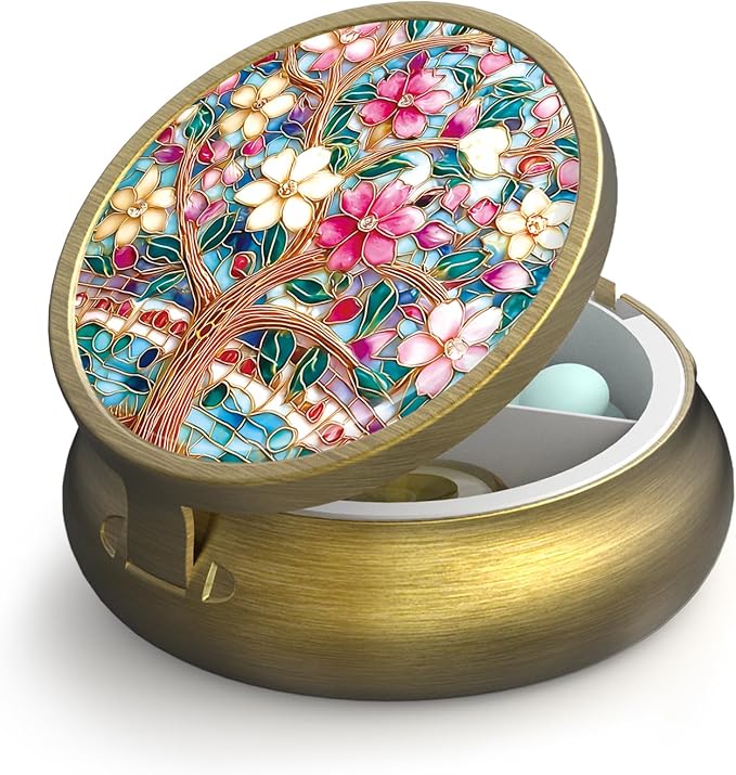 Small Pill Case Pill Box with Mirror Retro 3 Compartment Pill Holder for Purse or Pocket Bronze Portable Medicine Vitamin Container Fish Oil and Supplement Storage BPA-Free(Artistic Flowers)
