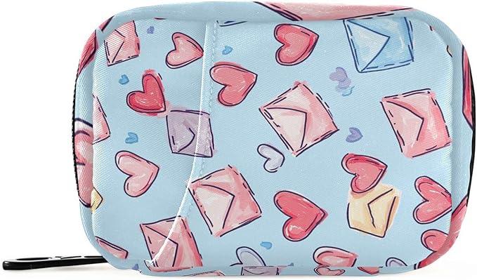Pink Hearts Blue Letter Travel Pill Organizer Case Box Container Weekly Portable Vitamin Medicine Holder Storage Bag with Zipper Removable