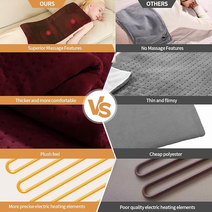 SAROO Heating Pad for Back Pain Relief,Massaging Weighted Heating Pads for Neck, Shoulder,Cramp,Portable Heated Pad with 3 Heat Settings & 6 Massage,18 Relaxing Combinations,Auto Off,20"*24",Wine Red