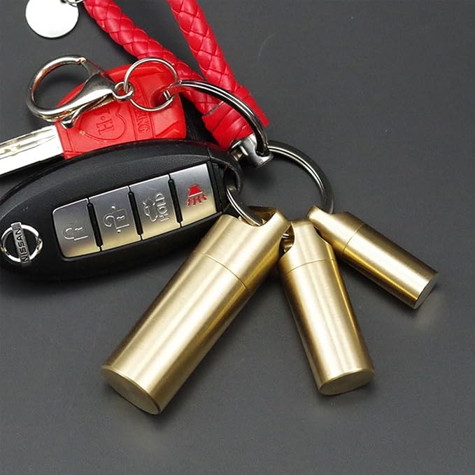 Brass Seals Bottles Keychain,Portable Waterproof Pill Case Key Chain, Mini Canister Medicine Capsule Bottle Pill Container for Outdoor Camping & Travelling EDC Tool, Medium