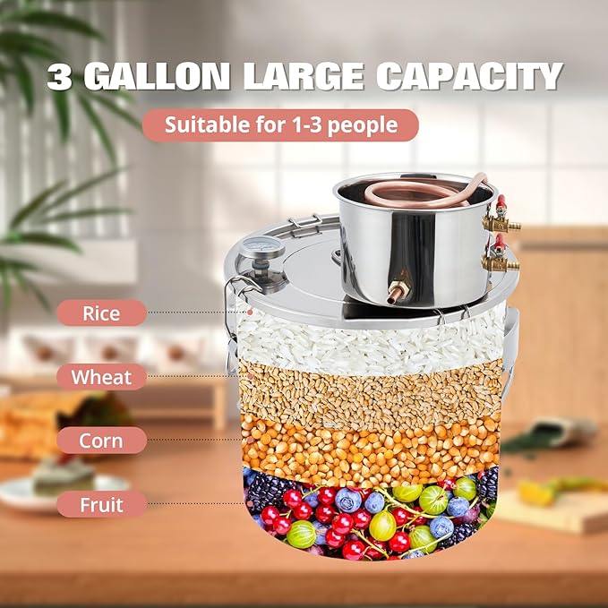 GarveeHome Alcohol Still 3 gal 12 L Water Alcohol Distiller Spirits Kit w/Copper Tube & Display Thermometer, Home Brew Wine Making Kit for Diy Whiskey, Wine, Brandy, Essential Oil