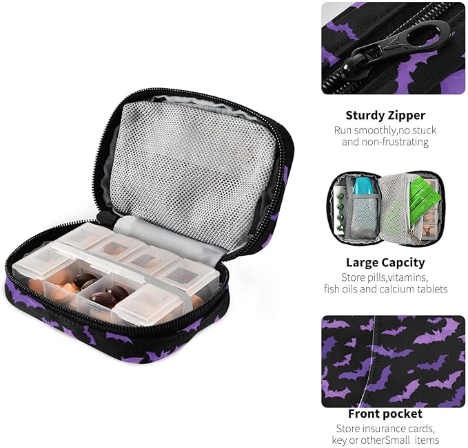 Ollabaky Pill Organizer Halloween Purples Bats Travel Pill Cases Bag Portable Pill Container 7 Days Pill Box Organizer Vitamin Supplement Holder for Family Business