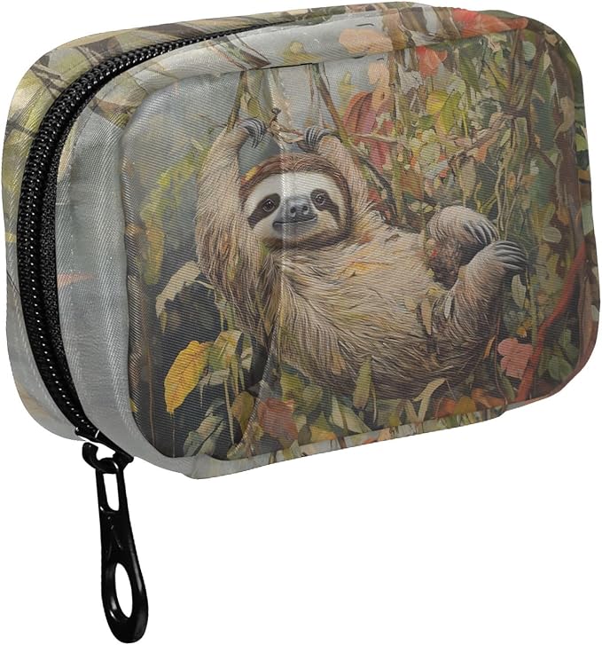 Fustylead Vintage Lovely Sloth Oil Painting Pill Organizer Case with Zipper 2 Times A Day for Vitamin and Supplement, 7 Day Travel Organizer Medicine Case