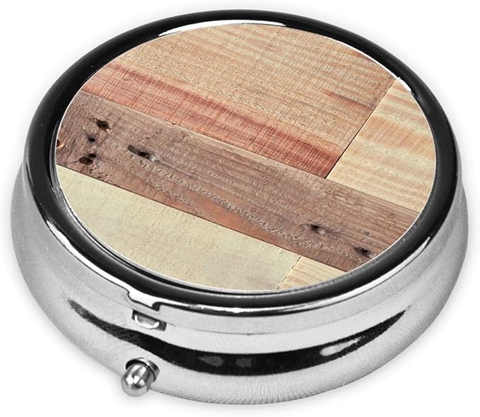 Rustic Wood Background Printed Round Pill Box Portable Mini Pill Case Metal Iron Plating Pill Organizer with 3 Compartment for Pocket Purse
