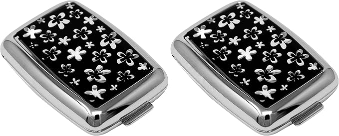 Set of 2 Dual-Compartment Rectangular Pocket Purse Pill Box & Organizer with Insert (Black Flowers)