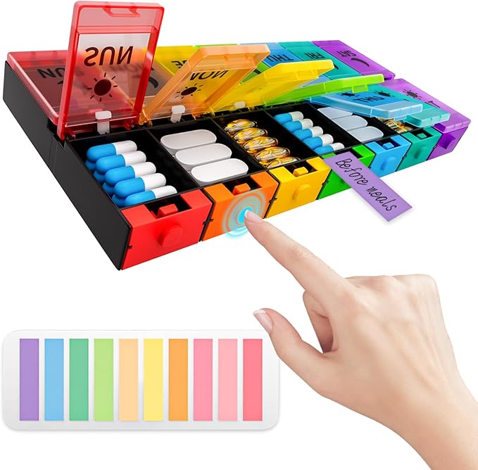 Push Button Pill Organizer 2 Times a Day, Weekly Medicine Pill Organizer, Pill Box Case 7 Day AM PM BPA-Free, Pill Container for Vitamins, Fish Oil, Supplements Medication (Colorful)