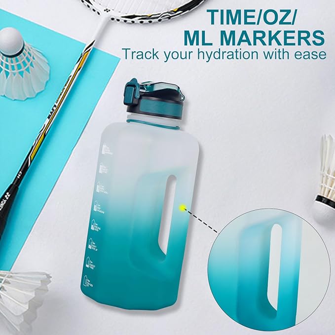 GEMFUL 2.2L Motivational Water Bottle with Straw & Measurements BPA-Free Half Gallon Jug for Gym Fitness Leakproof with Handle (Cyan)