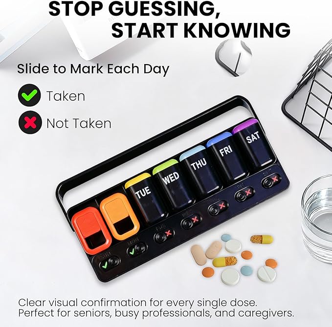 Weekly Pill Organizer with Taken/Untaken Tracker – Never Forget or Double-Dose Your Medication, Large Daily Compartments for Vitamins & Supplements, Vitamin, Black